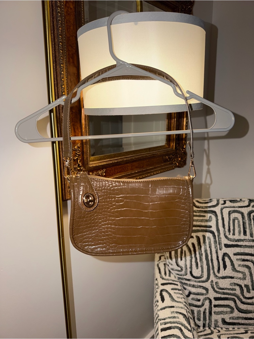 Croc-Embossed Shoulder Bag in Brown